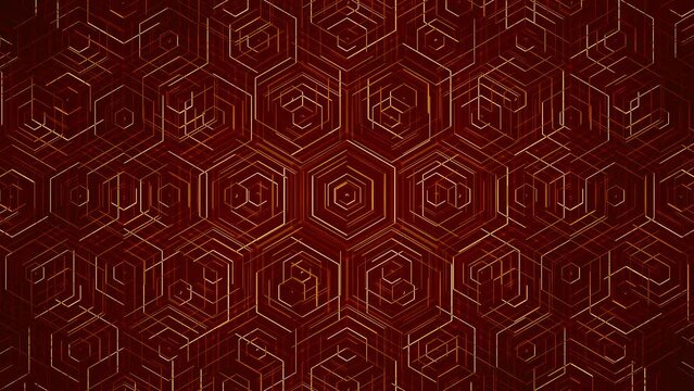 Red Orange Glowing Tech Hexagons. Animated Hexagonal Grid. Looped video.