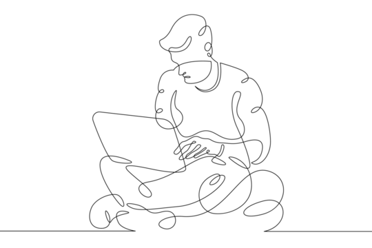 Young man sits with laptop. Communication and work on the Internet. Boy communicates using a computer.One continuous line .One continuous drawing line logo isolated minimal illustration.