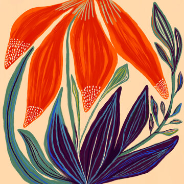 Vibrant Floral Illustration In Bright Red And Blue