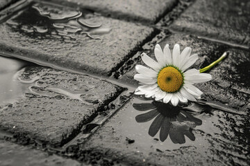 photograph of a daisy on the ground in the rain