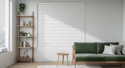 A white wall with white blinds, a modern interior design of a living room, a green sofa and a wooden shelf on the left side