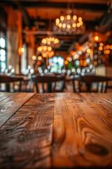 A polished wooden table in the foreground with a blurred background of an elegant restaurant. The background shows beautifully set tables with white linens, stylish chairs and soft ambient lighting 