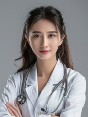 Professional Female Doctor with Stethoscope Posing in White Coat in Studio Setting