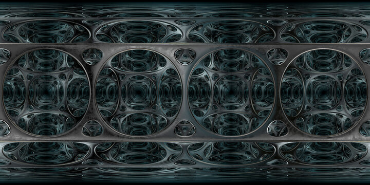 A dark geometric fractal of a 360-degree spherical panorama.