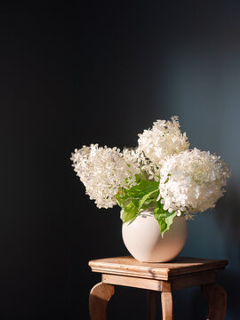 White hydrangeas arrangement in a dark room