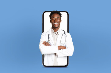 A black man doctor is attentively looking at his phone screen with a stethoscope attached, possibly...