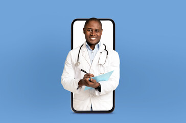 A cheerful black doctor dressed in a white coat with a stethoscope around his neck, holding a...