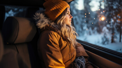 A backseat passenger wearing winter apparel gaze out of a snowy car window during a serene journey