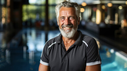 Obraz premium A happy, mature man with a beard enjoying leisure time by a swimming pool, representing health and relaxation