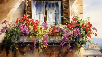 Fototapeta premium Italian window and balcony facade with flowers front view watercolor painting