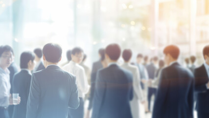 Fototapeta premium A group of business people standing in the meeting place while greeting and sharing to each other, isolated on a blurry with glare light of a city background. Generative AI.