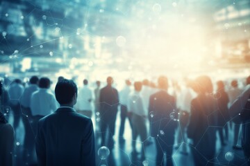 A group of business people standing in the meeting place while greeting and sharing to each other, isolated on a blurry with glare light of a city background. Generative AI.