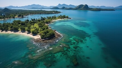 Crystal-clear waters along a tropical coastline with lush greenery and small islets from an aerial perspective