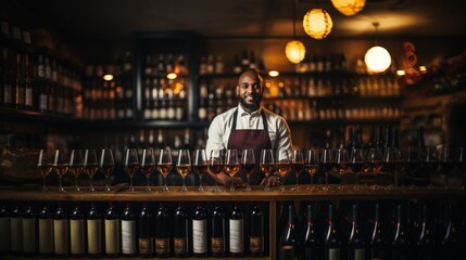 Fototapeta premium Professional bartender confidently standing behind a well-stocked bar with an array of wine glasses