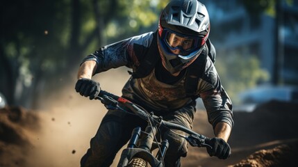 An action shot of a mountain biker aggressively riding on a dirt path, focusing on the intensity of the race