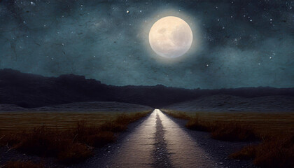 Dirty road leading through dry valley with large moon at the end