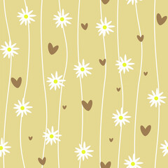 Seamless pattern with daisy flowers and hearts. Vector illustration