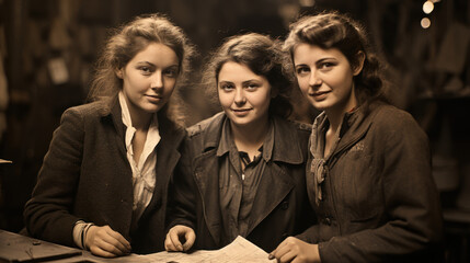 Vintage sepia-toned portrait of three women in historical clothing, exuding teamwork and camaraderie