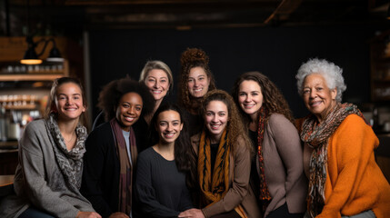 Fototapeta premium A multi-generational portrait of diverse women smiling together in an indoor setting