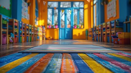 Colorful classroom with large window, bookshelves, and colorful wooden floor.  Sunlight streams through the window.