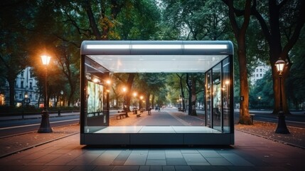 An illuminated bus stop on a tree-lined street with glowing lamps at twilight offers a serene urban setting