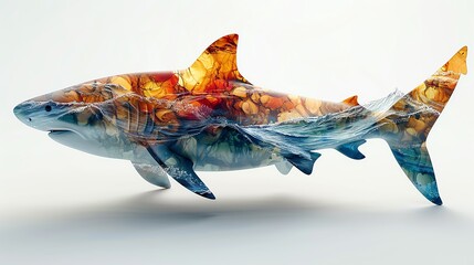 An ethereal watercolor painting of a shark, its body adorned with vibrant scales that shimmer like liquid