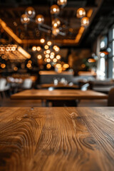 A polished wooden table in the foreground with a blurred background of an elegant restaurant. The background shows beautifully set tables with white linens, stylish chairs and soft ambient lighting 