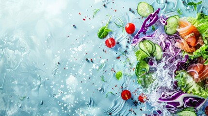 Fresh Chef's Salad with Smoked Salmon, Vibrant Vegetables, and Splashes of Water - Food Advertising Design for Print and Digital Media