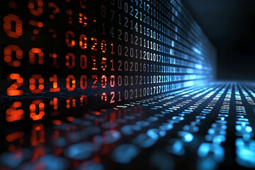 A neon numerical network or matrix against a dark backdrop. Ideal for illustrating complex data analysis, algorithms, or computational processes.