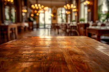 A polished wooden table in the foreground with a blurred background of an elegant restaurant. The background shows beautifully set tables with white linens, stylish chairs and soft ambient lighting 