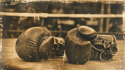 Vintage Boxing Poster with Sepia Toned Gloves and Blurred Boxing Ring - Retro Sports Design for Print, Card, Poster