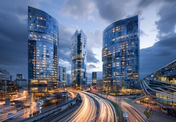 Fototapeta premium View of iconic glass skyscrapers and busy streets at dusk. The buildings glow with light from their windows, creating an atmosphere reminiscent
