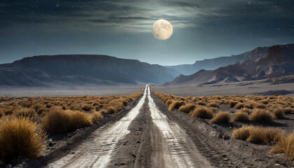 Dirty road leading through dry valley with large moon at the end