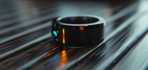 A closeup of a smart ring with a small display showing the wearers daily step count and heart rate.