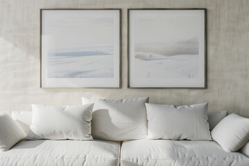Cozy minimalist space with a creamy white sofa and two horizontal poster frames showcasing serene...