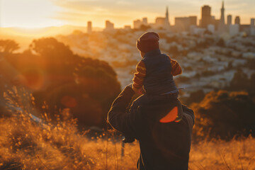 Fathers day. Back view of a little child boy sitting on his fathers shoulders holding hands and looking into the distance enjoying sunset. Father walking with son outdoors