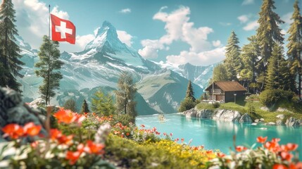 Celebrating the anniversary of Switzerland's Independence Day. The Swiss flag. nature of Switzerland