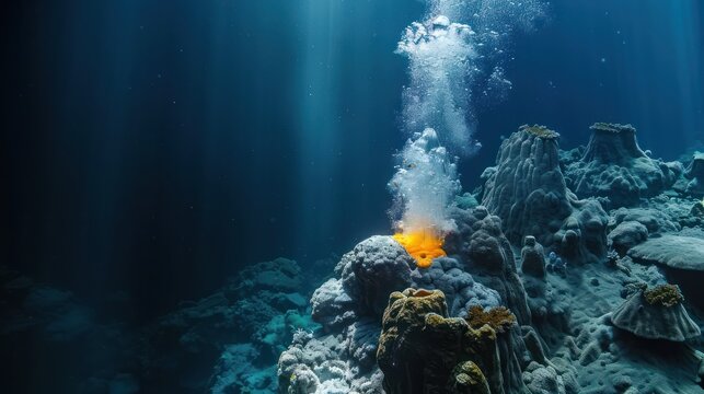 Underwater scene of deep-sea hydrothermal vent glowing amidst dark oceanic depths, highlighting marine geothermal activity and vibrant aquatic life.