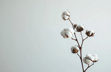 Cotton Plant With White Flowers on Gray Background
