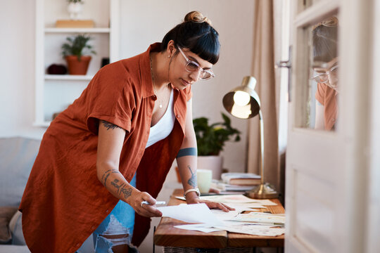 Woman, design and sketch or drawing at desk for creativity, small business and designer or art in home. Seamstress, dressmaker and planning in apartment for mood board or project for fashion week