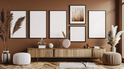 Five blank horizontal poster frames in a Scandinavian style living room with a rustic brown color...