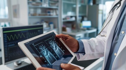 Doctor examines Xray images on a tablet in a modern medical lab, Created with Generative AI.