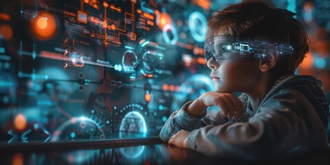 A young child wearing futuristic AR glasses, immersed in a holographic interface with bright digital displays and graphics.