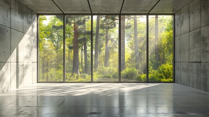 Serene Forest Landscape Framed by Expansive Concrete Walls in Minimalist Interior Scene