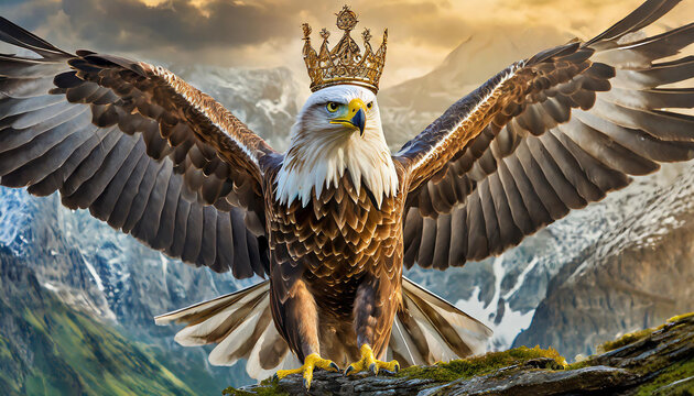 Eagle with large stretched out wings and crown on head