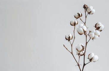 Cotton Plant With White Flowers on Gray Background