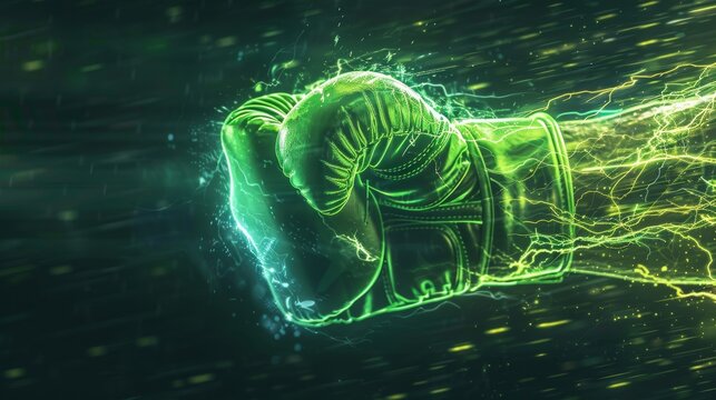 Futuristic Neon Green Boxing Glove Emitting Light Rays - Abstract Background Design for Print, Card, Poster - Powered by Adobe