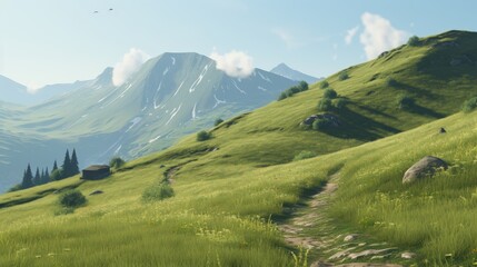 Naklejka premium Scenic view of lush green mountain landscape with a winding path, scattered rocks, and clear blue sky, perfect for nature and travel themes.