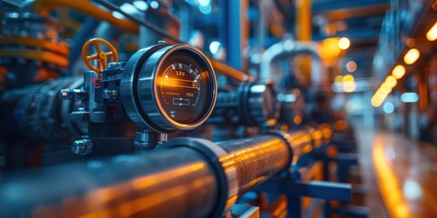 Close-up of industrial pressure gauge in a factory setting, highlighting intricate details and engineering excellence with a warm, metallic tone.