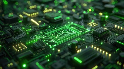 Fototapeta premium Close-up view of a glowing green circuit board, showcasing intricate details of electronic components and pathways.